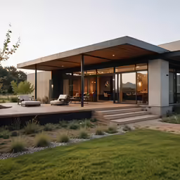 modern house with lots of grass and plants in the front yard