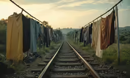 rows of clothes hanging down from the rail road tracks
