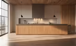 a modern looking kitchen with wooden floors and light wood walls