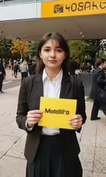 a girl holding up a sign on a street