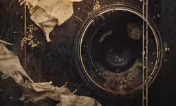 a camera sitting on a piece of paper with some leaves on it