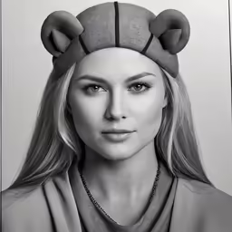 a blonde woman in a bear ears hat and shirt