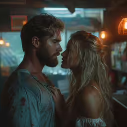 two attractive young people kiss in a dimly lit room,a man and a woman are looking into each other