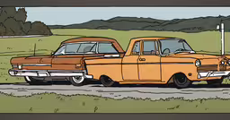 two old - fashioned trucks, each painted in browns,two cars parked side by side on the street