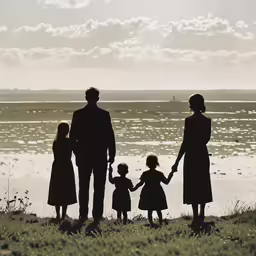 a family standing near a lake with an ocean and sky background