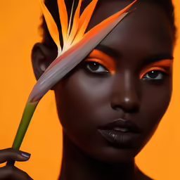 a woman with bright orange and yellow make - up and long feather