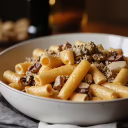 a bowl with pasta and sauce with a white napkin