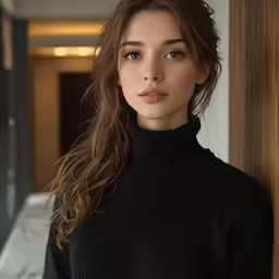 the woman in the black sweater is leaning against the wall