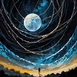 painting of an moon with many swirling lines over it