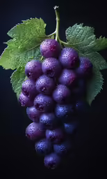 purple grapes are arranged on the stem with green leaves