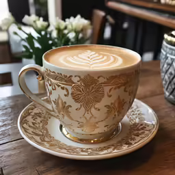 a fancy cup with golden detailing sits on a saucer
