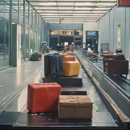 suitcases sitting on top of different colored stools