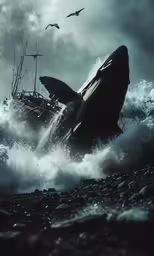 there is an animal on the shore and a ship in the water