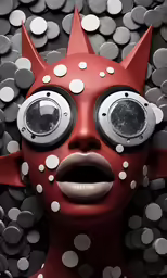 a red sculpture with glasses and spikes on