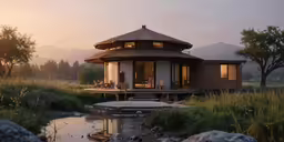 a gazebo is shown in the grass by a small lake