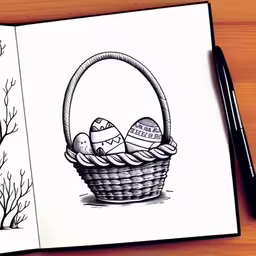 a sketch of an easter basket with painted eggs,an open notebook with an egg and basket,a sketch of two eggs in a basket,an open book with some drawings of easter eggs,a sketch is shown showing an easter basket with colored eggs inside