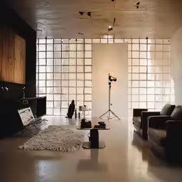 a room with a sofa a couch and some lights