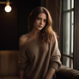 a girl in a brown sweater looking over the window