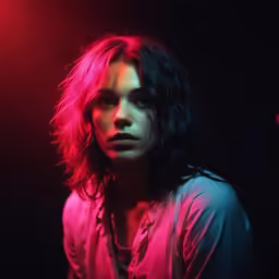 a woman is standing under a bright light