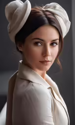 the woman is wearing a white hat