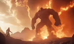 two people walk through the fire and smoke of a monster