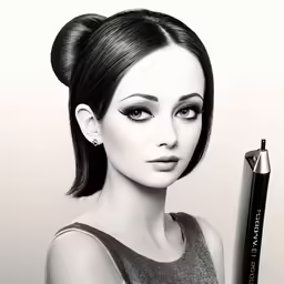 a woman is holding a pen and posing