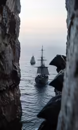 a small ship in the middle of the ocean