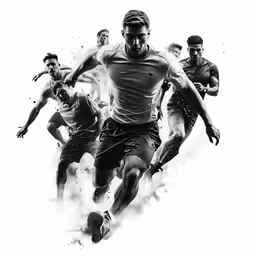 a group of young men playing soccer on top of a white surface