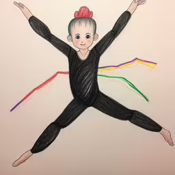 a child wearing a black jumpsuit and a red top is jumping,a drawing of a baby girl in a ballerina outfit and an updo