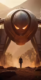 a star wars character walking towards a giant object