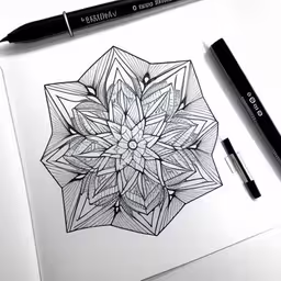 the abstract art of pencil drawing with black markers,a sketch pad with some pen and some paper on it,pen drawing of a flower in black on white paper,a pen on top of a note book with a drawing on it,a pen drawing a geometric flower on top of a piece of paper