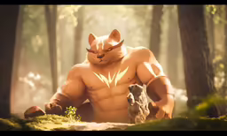a photo of a furry cat with horns on a rocky hill surrounded by trees