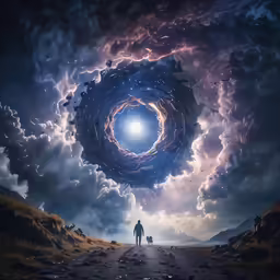 the image shows two people standing in front of a large circular object