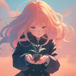 an anime girl holding a plant on a sunny day