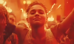 a young woman holds up a sparkler to light up the crowd