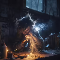 a woman sitting at a table with sparklers