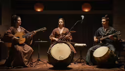 three people with instruments sitting in a studio
