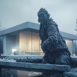 godzilla statue in front of building in winter