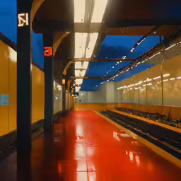 a long red subway with chairs under it,the ceiling of an empty subway with benches
