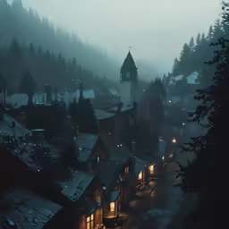 a town in the evening with lights on and fog flying overhead
