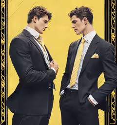 two male dressed in formal wear facing each other with one man adjusting his tie,two men in suits and ties standing together