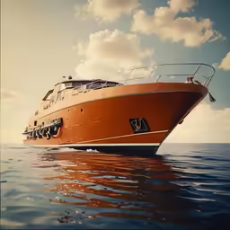 the ship is floating in the large body of water