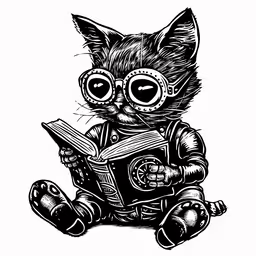 a cat with glasses sits and reads,a cat sitting on the ground reading a book