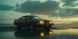an old car with headlights turned off parked on a wet road