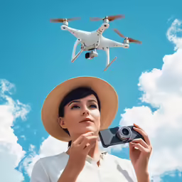 woman with hat looking up at camera while holding up a remote control