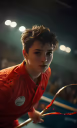 a young boy in an orange shirt holding a tennis racquet