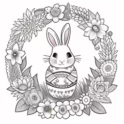 a black and white drawing of a bunny in the grass,the rabbit is wearing an easter egg in the wreath,an easter bunny coloring page with flowers and plants,an image of a bunny inside a floral frame,an easter bunny sitting inside a wreath with flowers