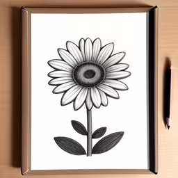 a black and white drawing of a sunflower on a card,a drawing of a large sunflower, in black and white