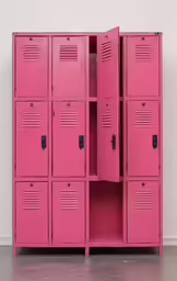 a pink locker is pictured with three doors open