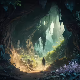 a person walking through a deep forest next to a tree